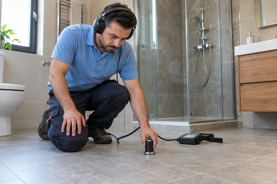 Banyo zemininde akustik dinleme cihazıyla su hattını inceleyen teknisyen