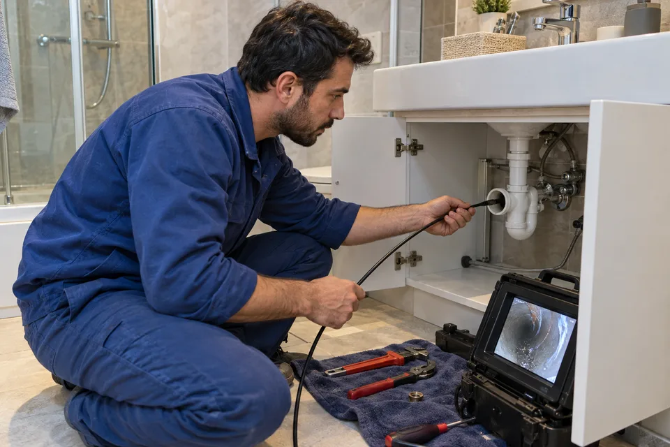 Lavabo altındaki gideri inceleme kamerasıyla kontrol eden teknisyen