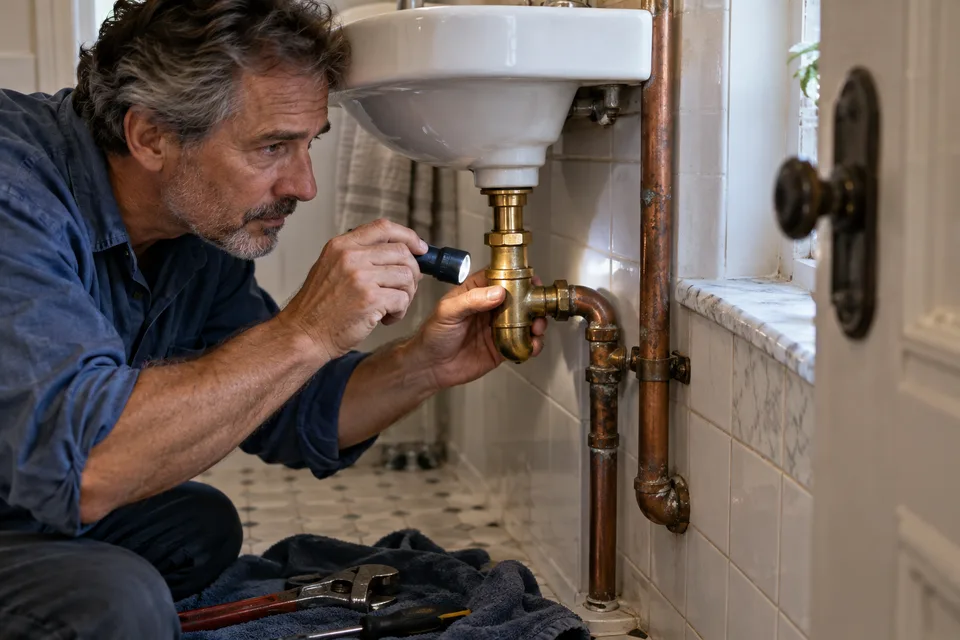 Eski ve yeni boru bağlantılarının birleşimini lavabo altında inceleyen teknisyen