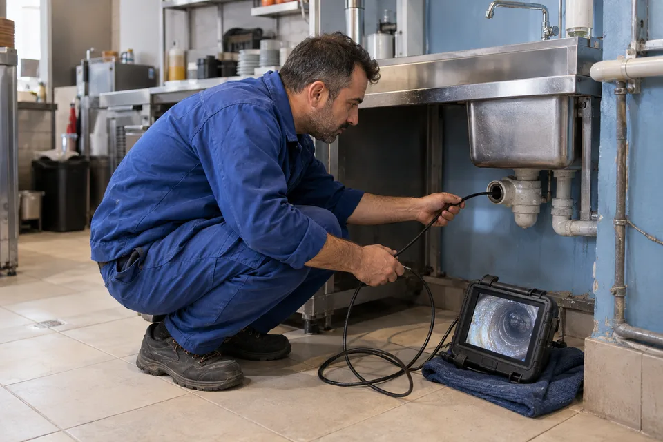 Lavabo ve servis bölümü bulunan iş yerinde gider bağlantısını inceleyen teknisyen